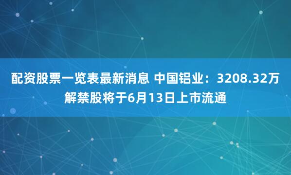 配资股票一览表最新消息 中国铝业：3208.32万解禁股将于6月13日上市流通